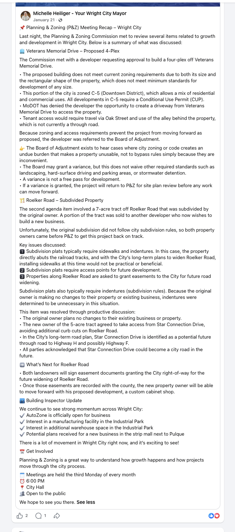 Mayor's January 21, 2026 P&Z recap post